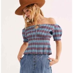 Free People Vivi Smocked Top Womens Blue Purple Stripe Peasant Crop Size XS